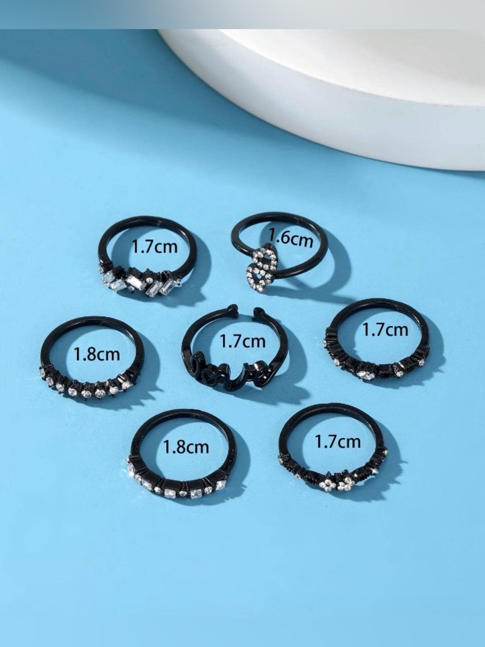7pc Black Rhinestone Ring Set - Picture 5 of 9